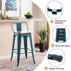 Barhocker mit Rückenlehne, 4er-Set, industrielle Metallbarhocker mit Holzsitzen