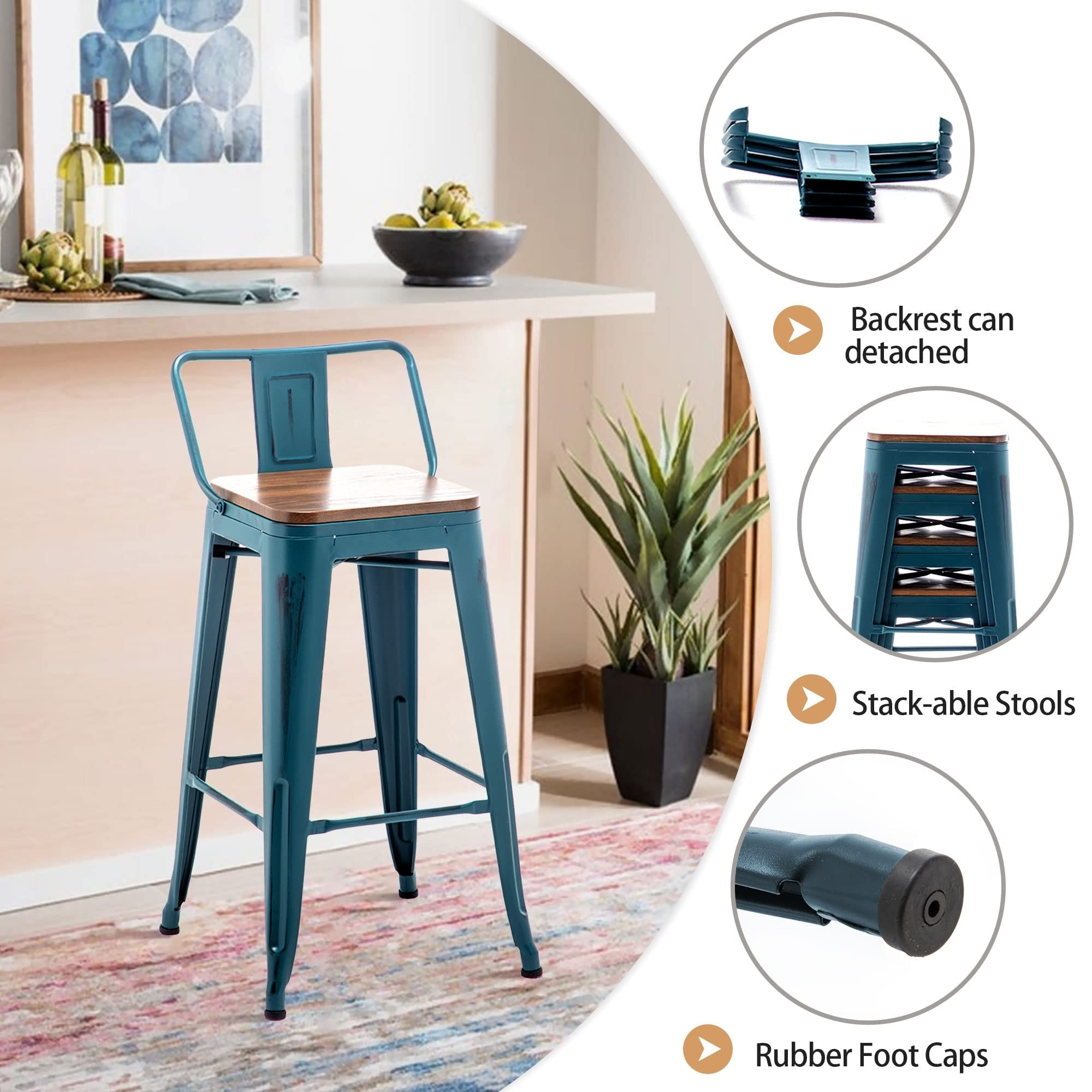 Barhocker mit Rückenlehne, 4er-Set, industrielle Metallbarhocker mit Holzsitzen