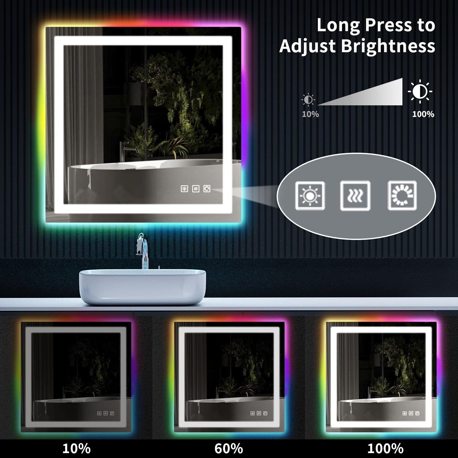 Antibeschlag-Badezimmerspiegel mit RGB-Hintergrundbeleuchtung und LED-Frontbeleuchtung