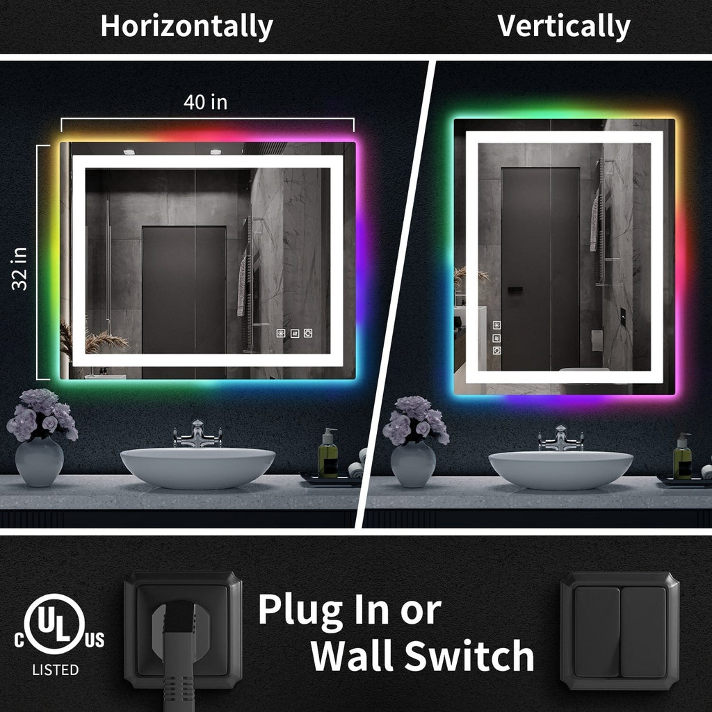 Antibeschlag-Badezimmerspiegel mit RGB-Hintergrundbeleuchtung und LED-Frontbeleuchtung