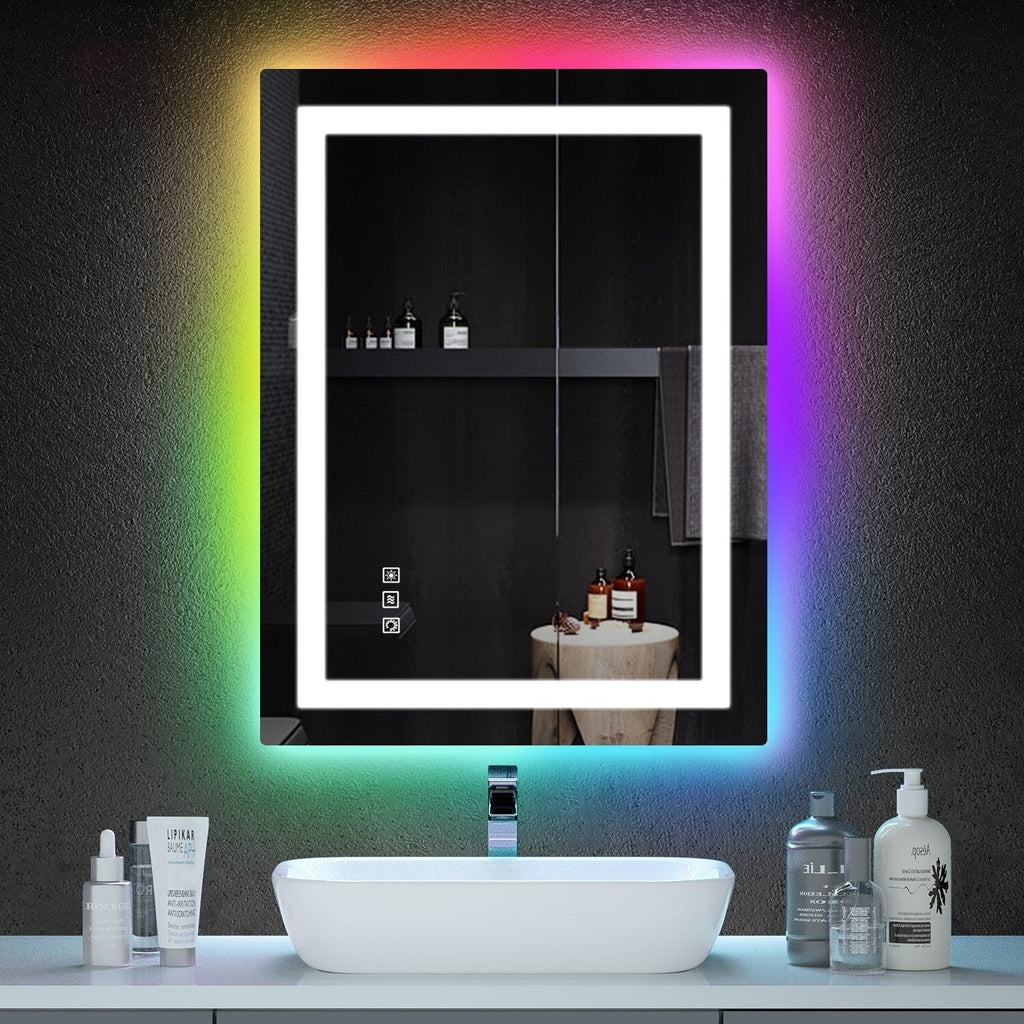 Antibeschlag-Badezimmerspiegel mit RGB-Hintergrundbeleuchtung und LED-Frontbeleuchtung