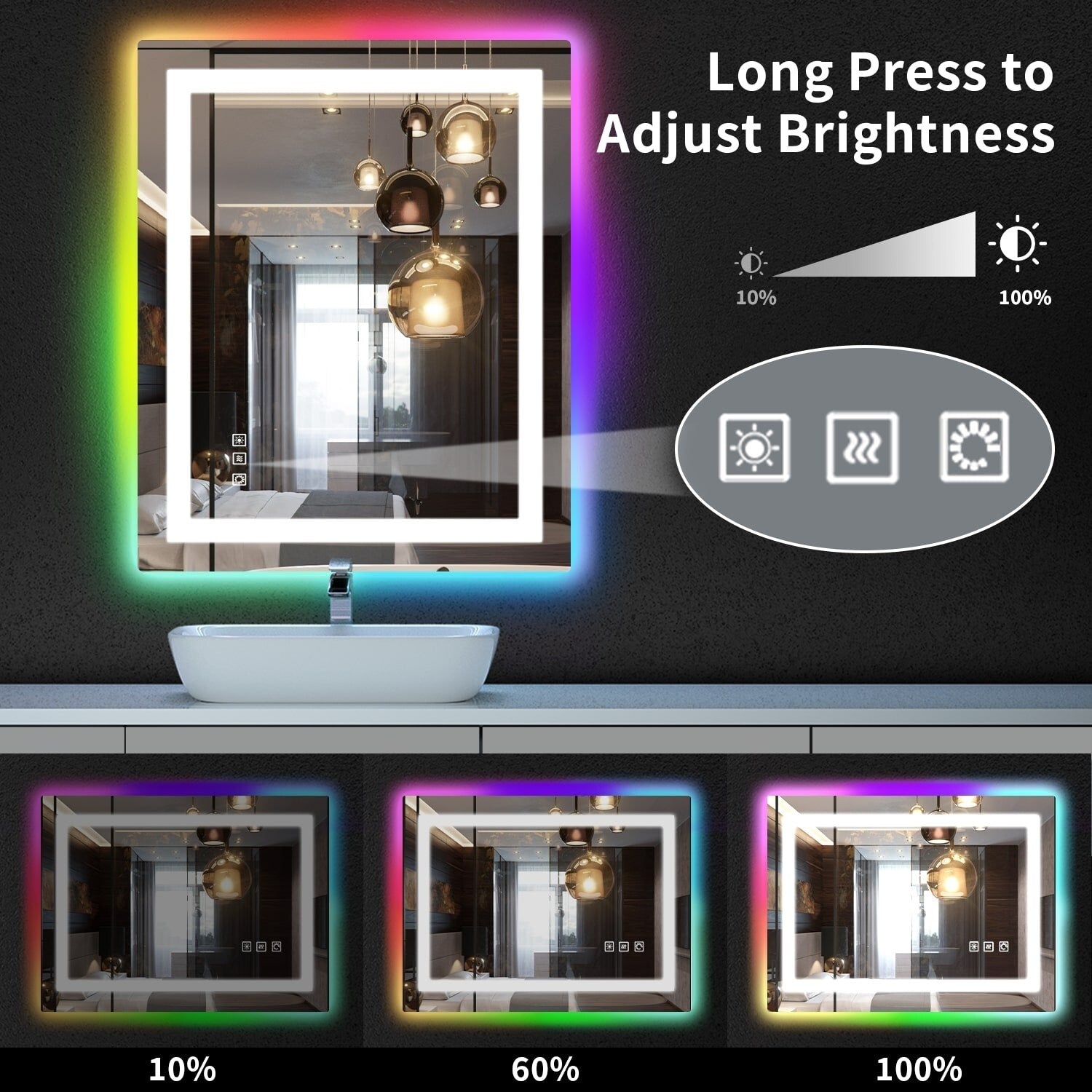 Antibeschlag-Badezimmerspiegel mit RGB-Hintergrundbeleuchtung und LED-Frontbeleuchtung