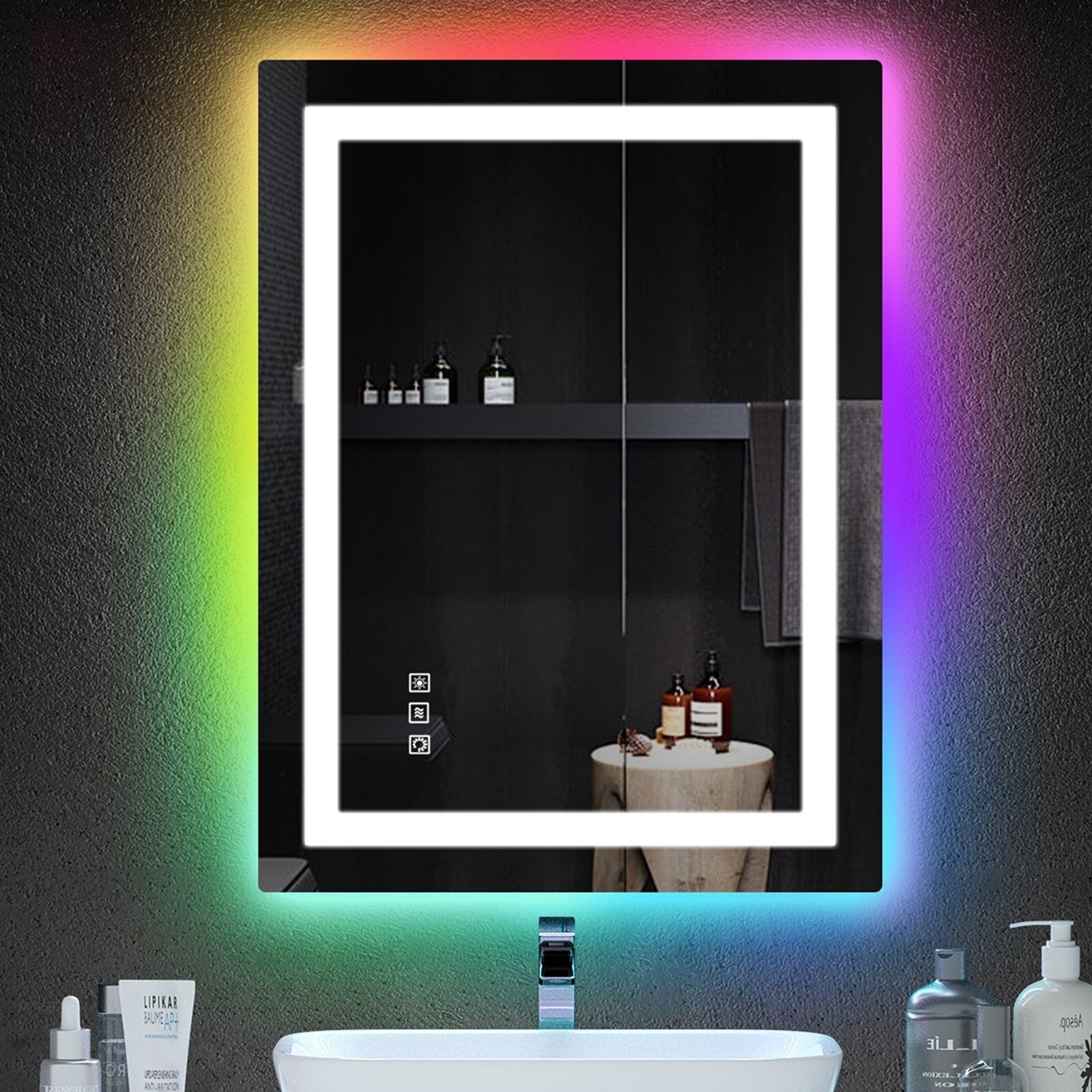 Antibeschlag-Badezimmerspiegel mit RGB-Hintergrundbeleuchtung und LED-Frontbeleuchtung