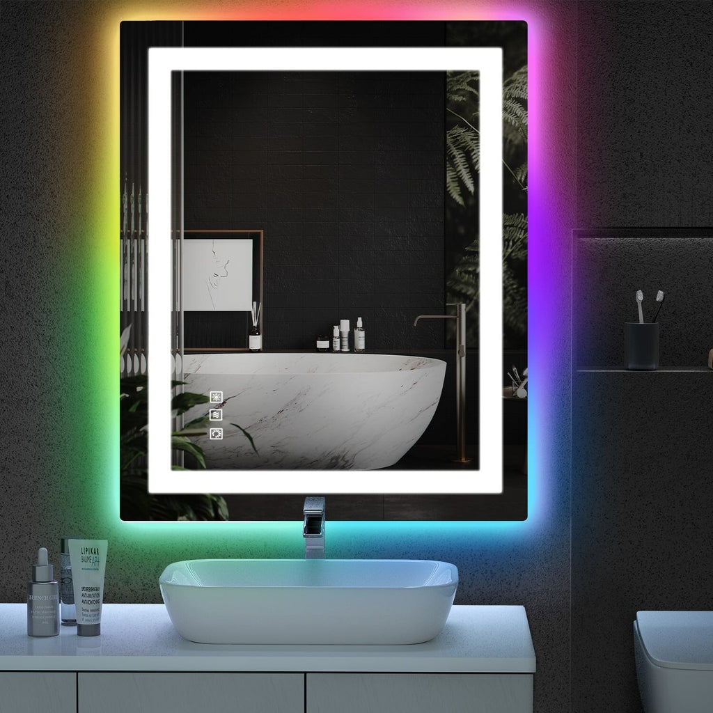 Antibeschlag-Badezimmerspiegel mit RGB-Hintergrundbeleuchtung und LED-Frontbeleuchtung