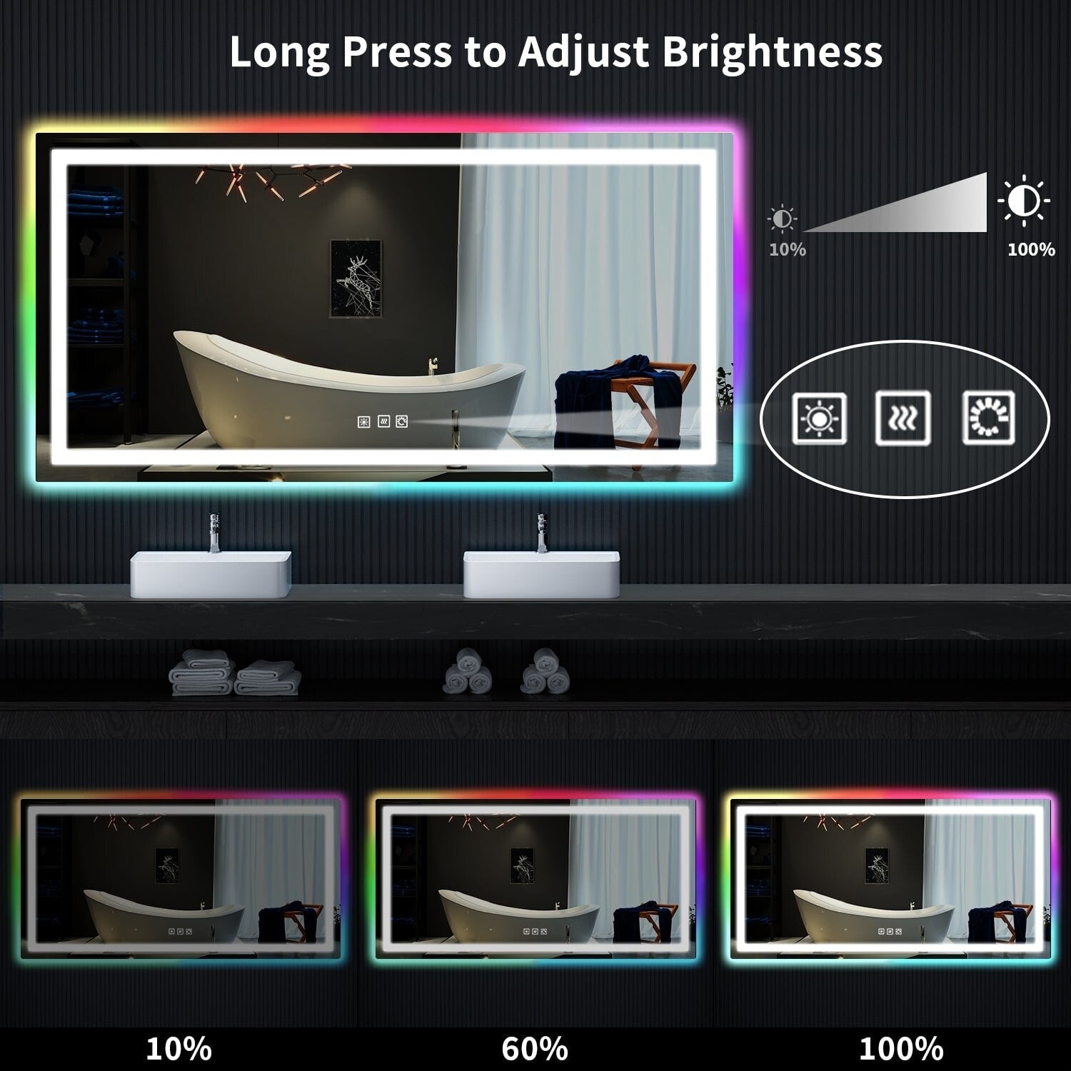 Antibeschlag-Badezimmerspiegel mit RGB-Hintergrundbeleuchtung und LED-Frontbeleuchtung