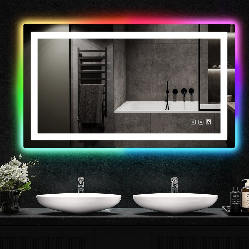 Antibeschlag-Badezimmerspiegel mit RGB-Hintergrundbeleuchtung und LED-Frontbeleuchtung