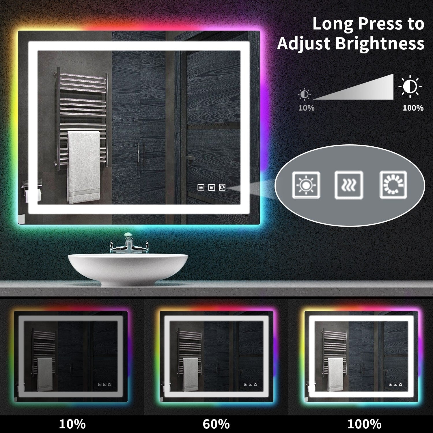 Antibeschlag-Badezimmerspiegel mit RGB-Hintergrundbeleuchtung und LED-Frontbeleuchtung