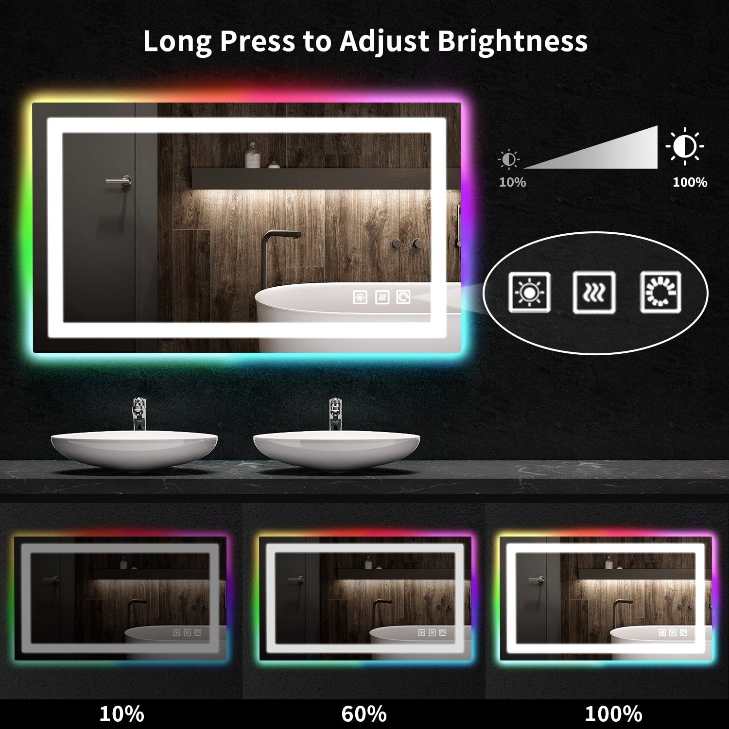 Antibeschlag-Badezimmerspiegel mit RGB-Hintergrundbeleuchtung und LED-Frontbeleuchtung