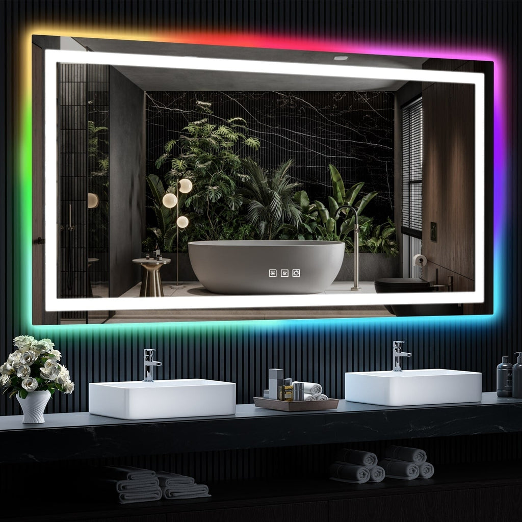 Antibeschlag-Badezimmerspiegel mit RGB-Hintergrundbeleuchtung und LED-Frontbeleuchtung