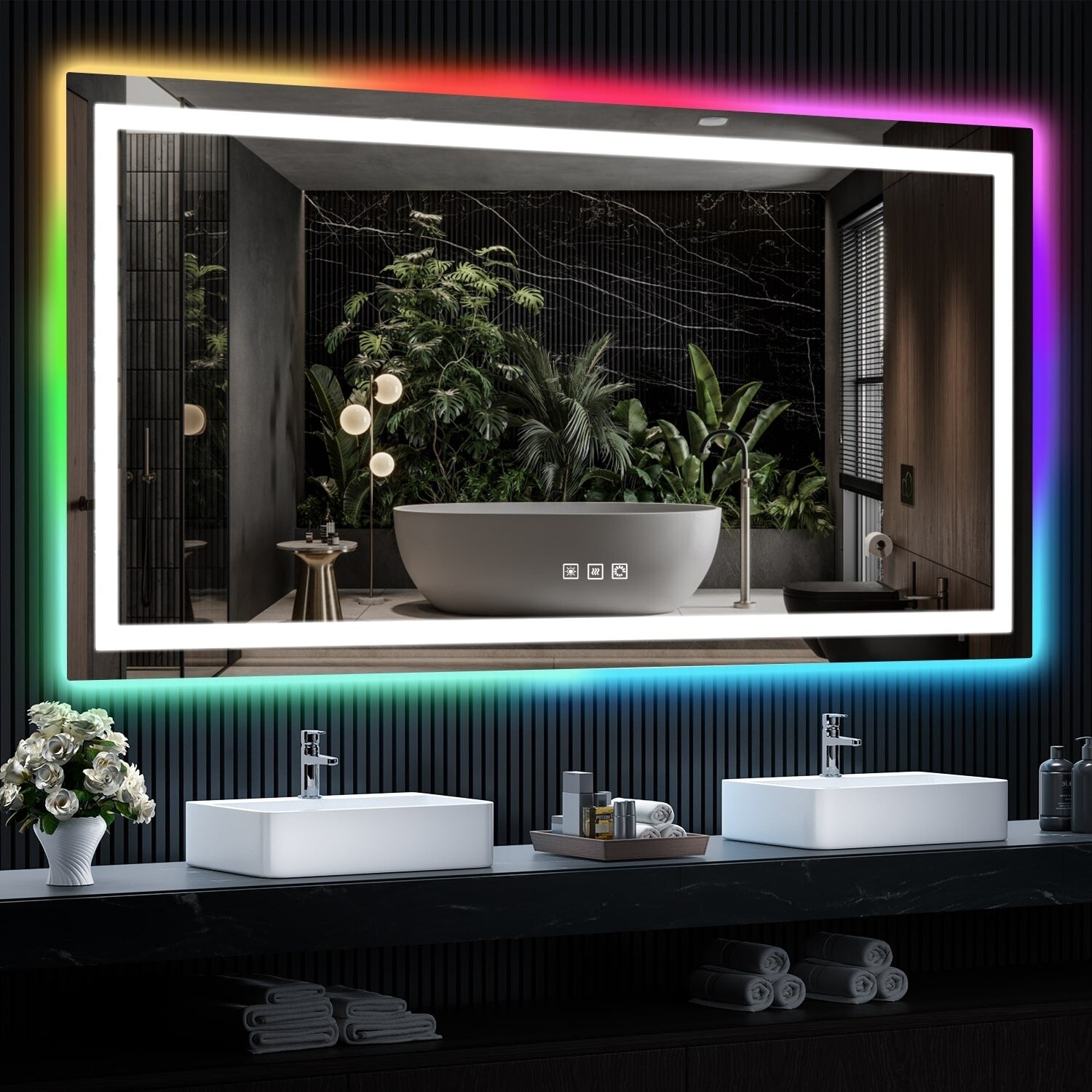 Antibeschlag-Badezimmerspiegel mit RGB-Hintergrundbeleuchtung und LED-Frontbeleuchtung