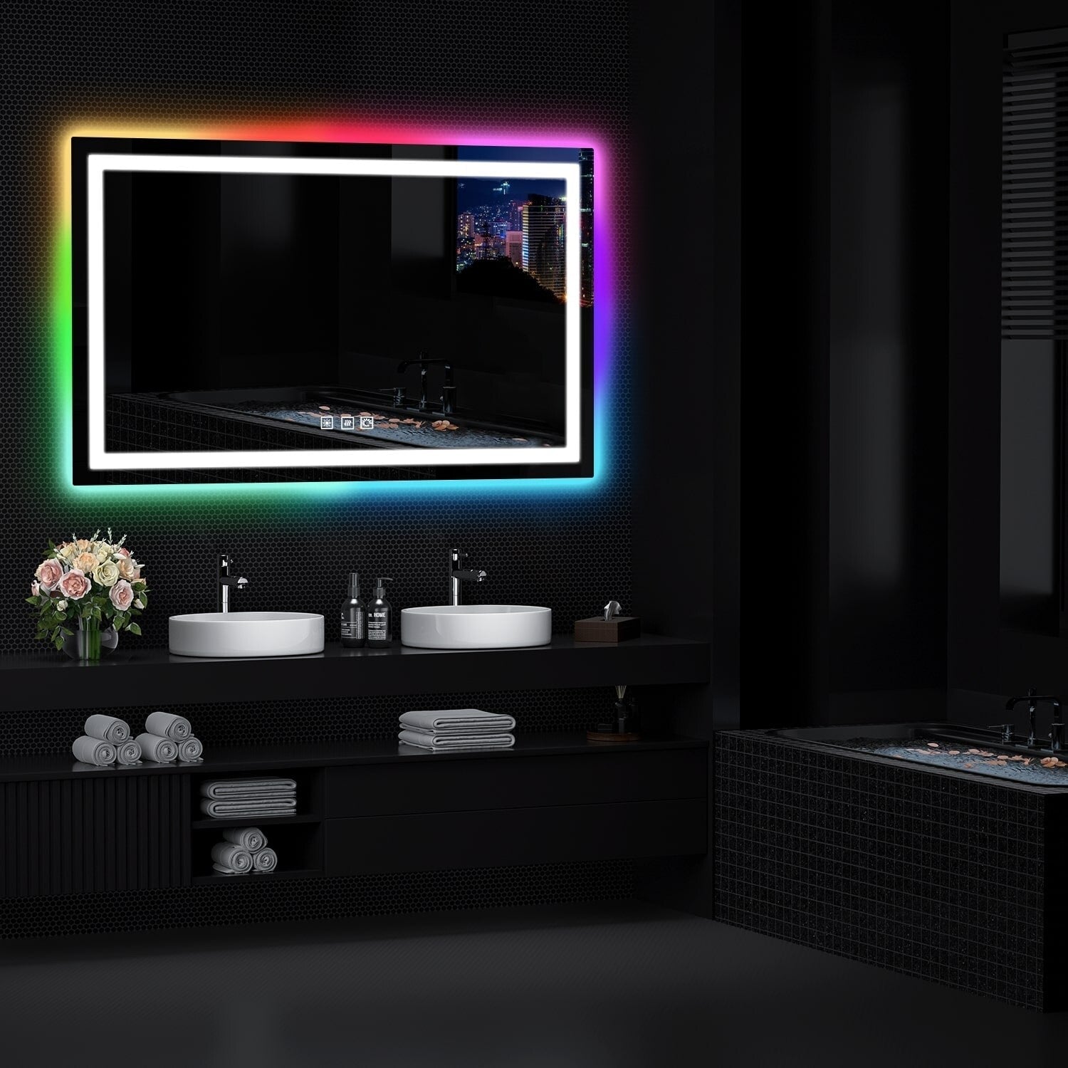 Antibeschlag-Badezimmerspiegel mit RGB-Hintergrundbeleuchtung und LED-Frontbeleuchtung