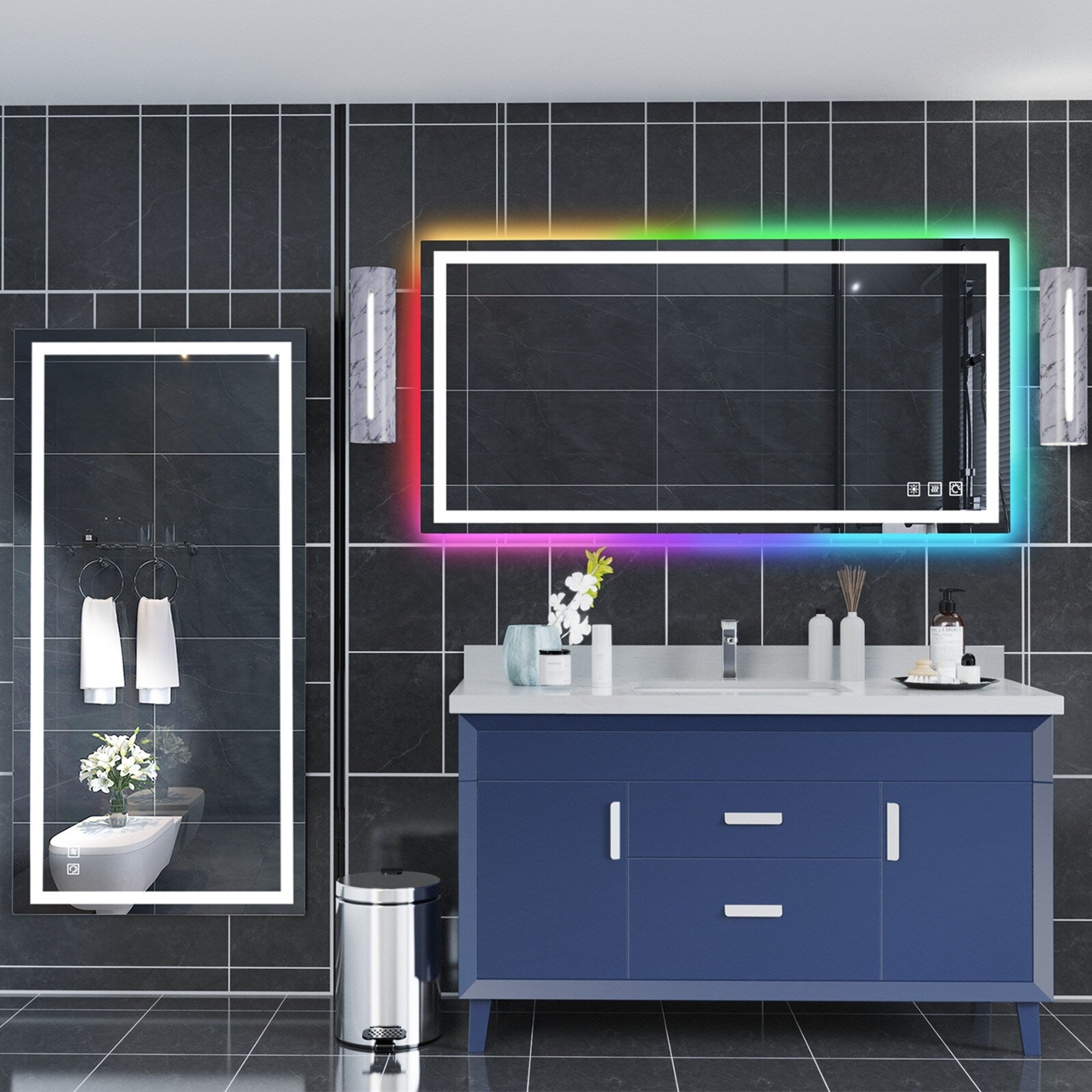 Antibeschlag-Badezimmerspiegel mit RGB-Hintergrundbeleuchtung und LED-Frontbeleuchtung