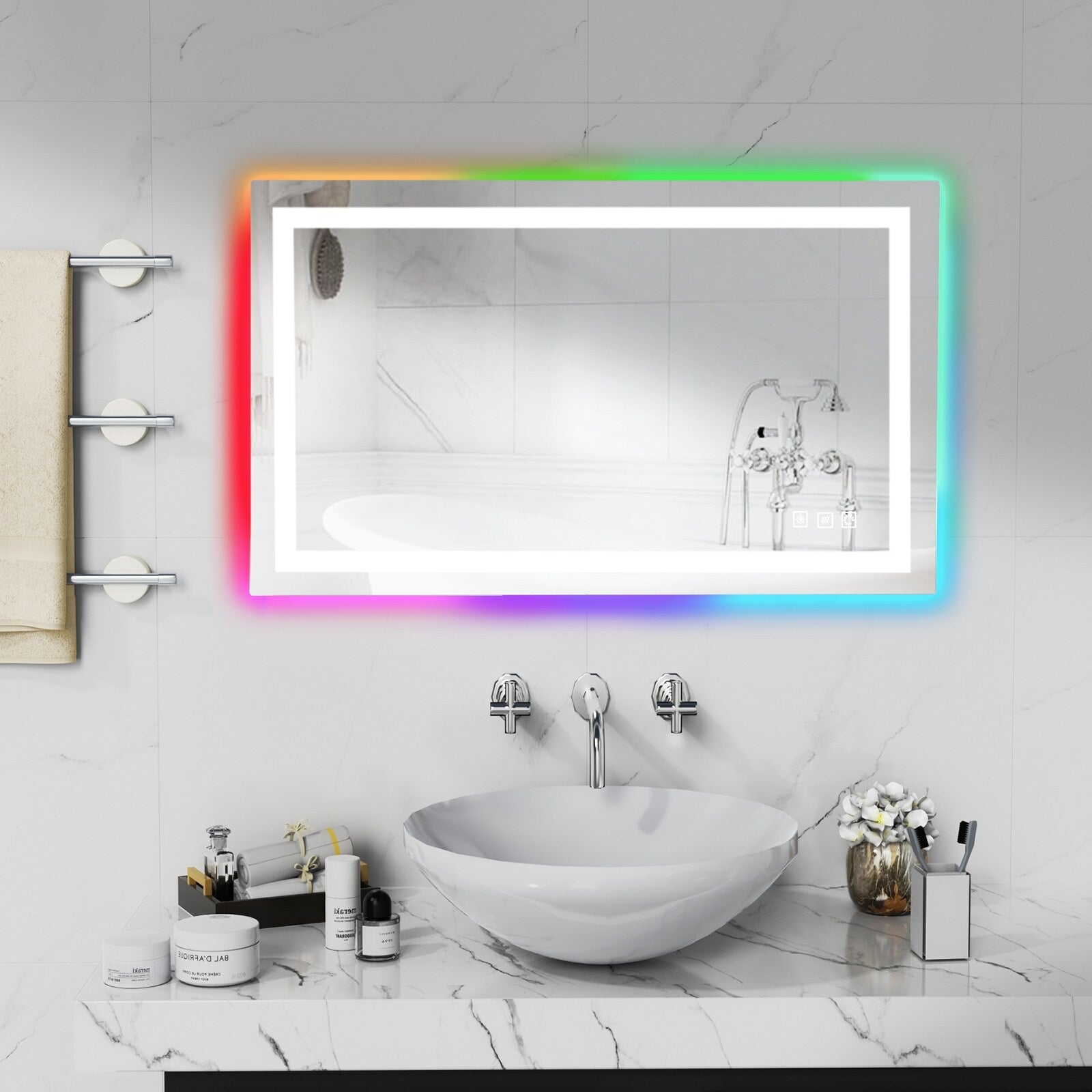 Antibeschlag-Badezimmerspiegel mit RGB-Hintergrundbeleuchtung und LED-Frontbeleuchtung