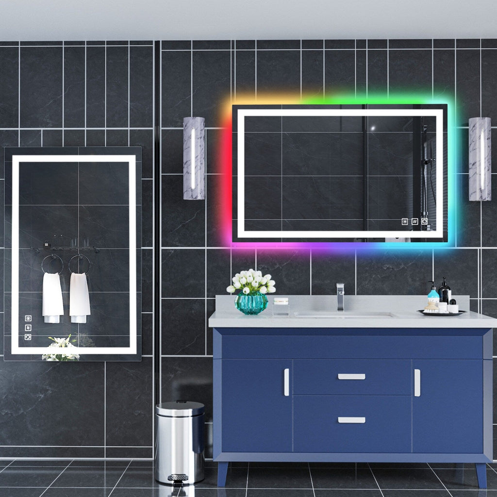 Antibeschlag-Badezimmerspiegel mit RGB-Hintergrundbeleuchtung und LED-Frontbeleuchtung