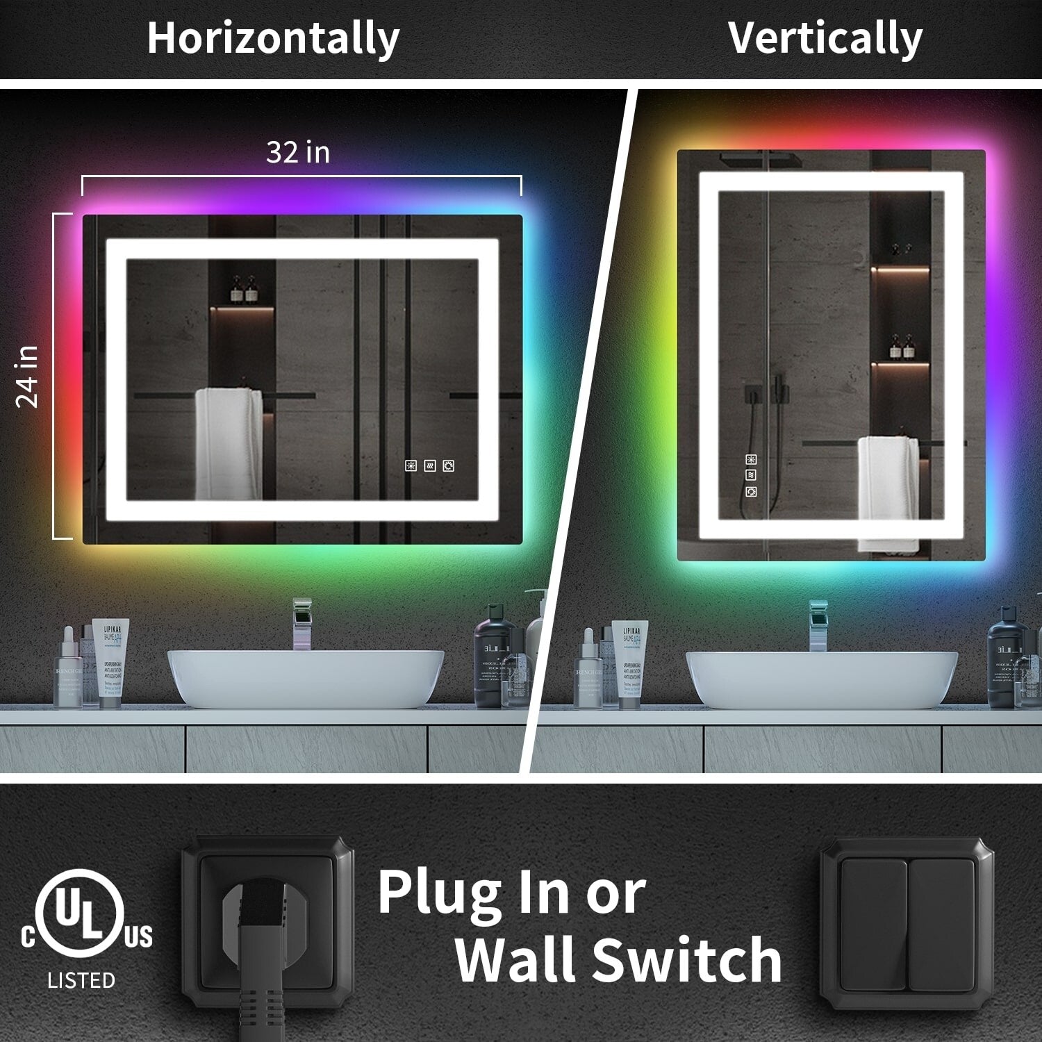 Antibeschlag-Badezimmerspiegel mit RGB-Hintergrundbeleuchtung und LED-Frontbeleuchtung
