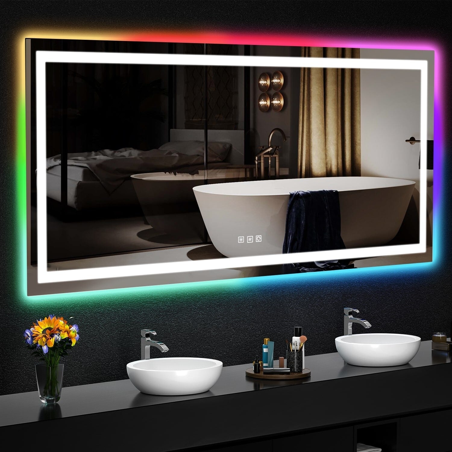 Antibeschlag-Badezimmerspiegel mit RGB-Hintergrundbeleuchtung und LED-Frontbeleuchtung