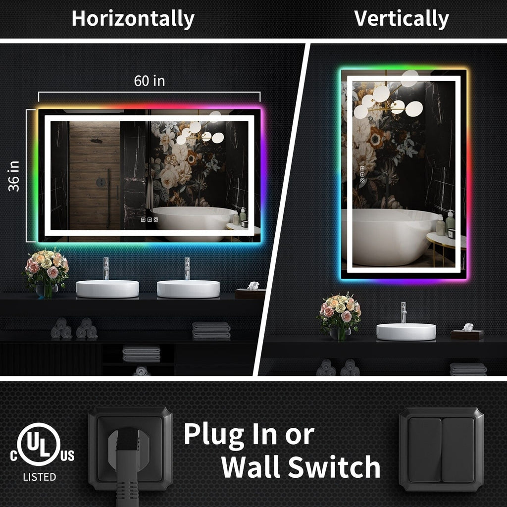 Antibeschlag-Badezimmerspiegel mit RGB-Hintergrundbeleuchtung und LED-Frontbeleuchtung