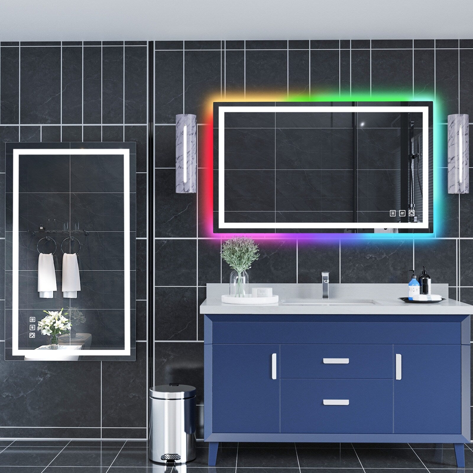 Antibeschlag-Badezimmerspiegel mit RGB-Hintergrundbeleuchtung und LED-Frontbeleuchtung