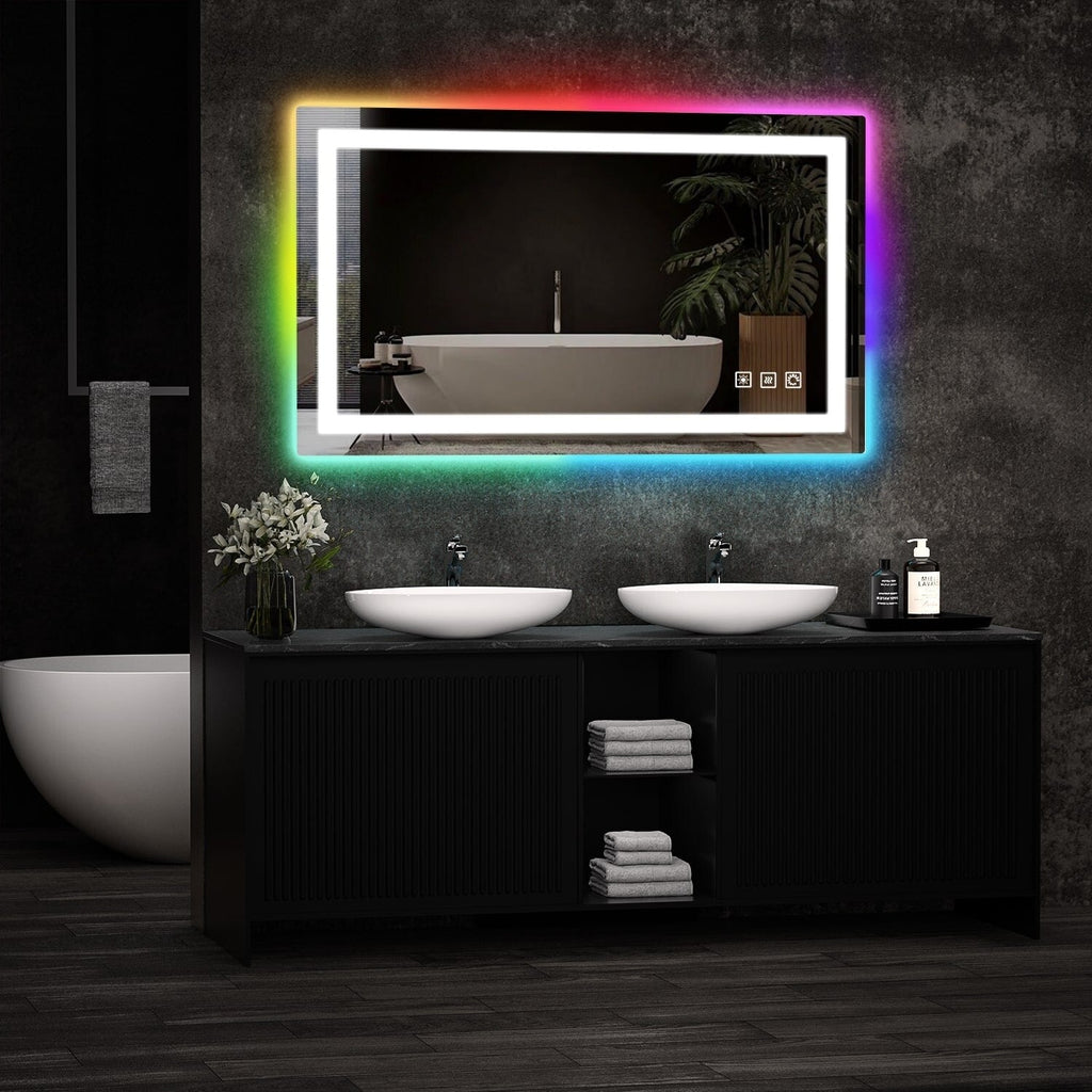 Antibeschlag-Badezimmerspiegel mit RGB-Hintergrundbeleuchtung und LED-Frontbeleuchtung
