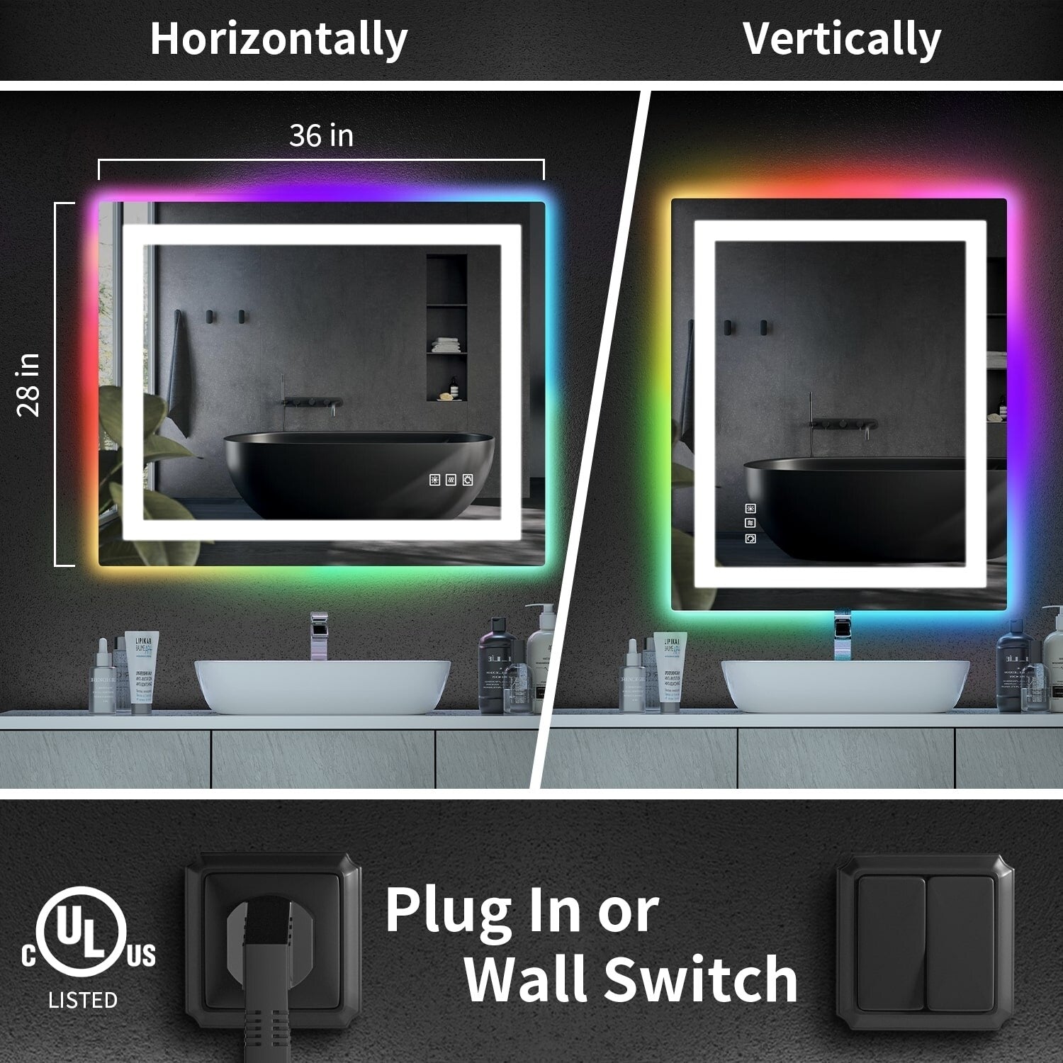 Antibeschlag-Badezimmerspiegel mit RGB-Hintergrundbeleuchtung und LED-Frontbeleuchtung