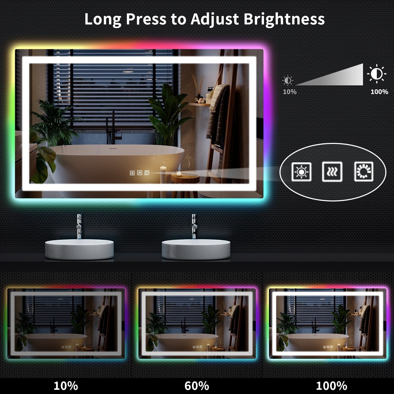 Antibeschlag-Badezimmerspiegel mit RGB-Hintergrundbeleuchtung und LED-Frontbeleuchtung