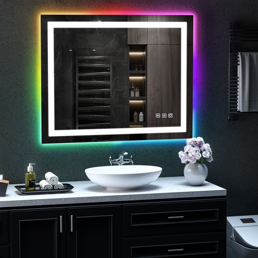 Antibeschlag-Badezimmerspiegel mit RGB-Hintergrundbeleuchtung und LED-Frontbeleuchtung