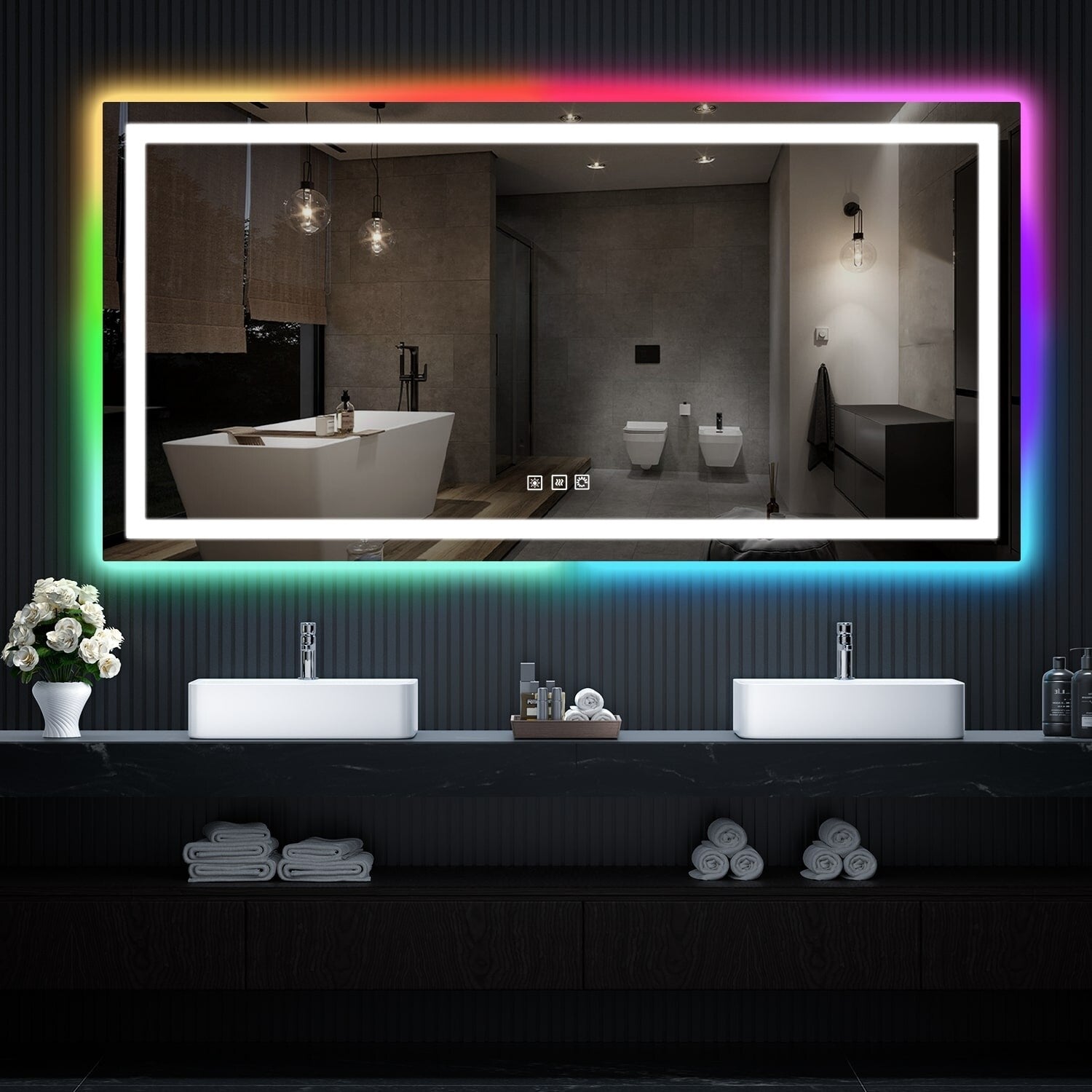 Antibeschlag-Badezimmerspiegel mit RGB-Hintergrundbeleuchtung und LED-Frontbeleuchtung