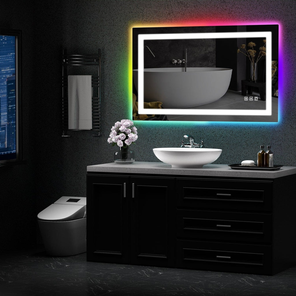 Antibeschlag-Badezimmerspiegel mit RGB-Hintergrundbeleuchtung und LED-Frontbeleuchtung