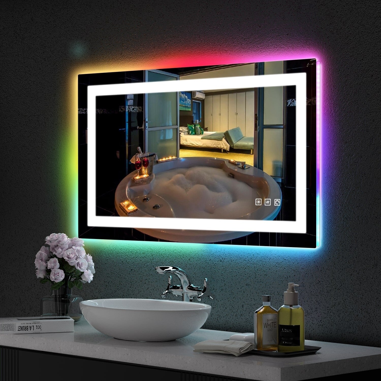 Antibeschlag-Badezimmerspiegel mit RGB-Hintergrundbeleuchtung und LED-Frontbeleuchtung