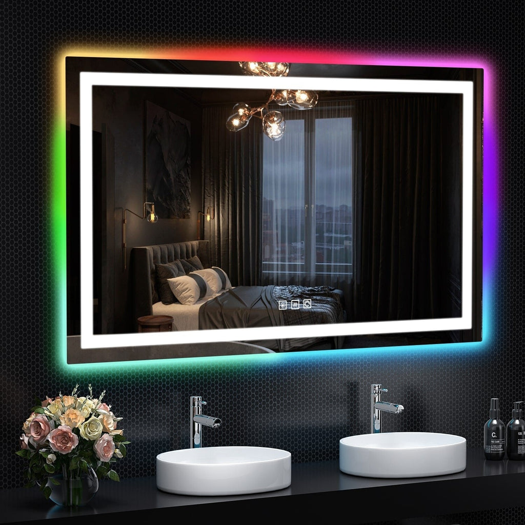 Antibeschlag-Badezimmerspiegel mit RGB-Hintergrundbeleuchtung und LED-Frontbeleuchtung
