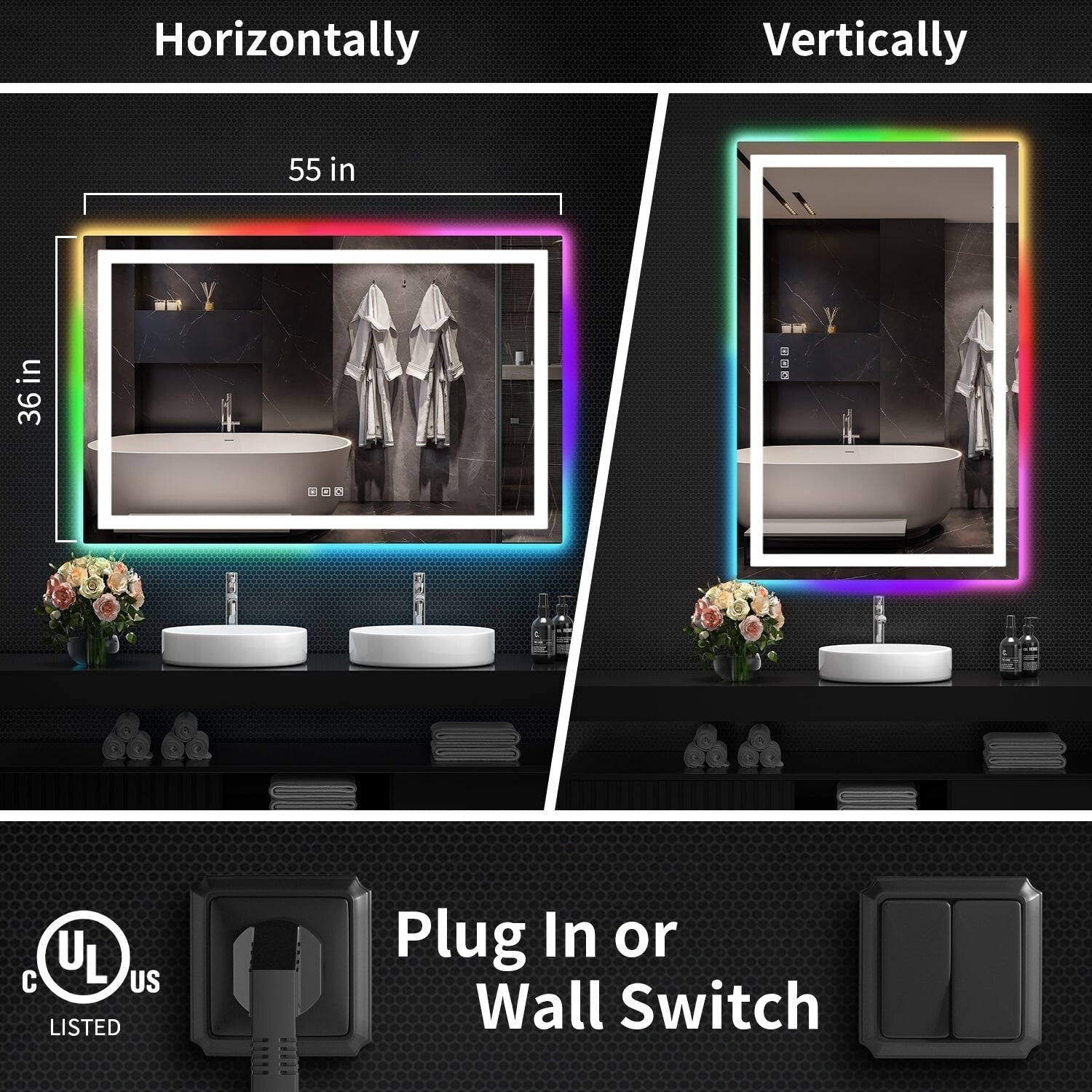 Antibeschlag-Badezimmerspiegel mit RGB-Hintergrundbeleuchtung und LED-Frontbeleuchtung