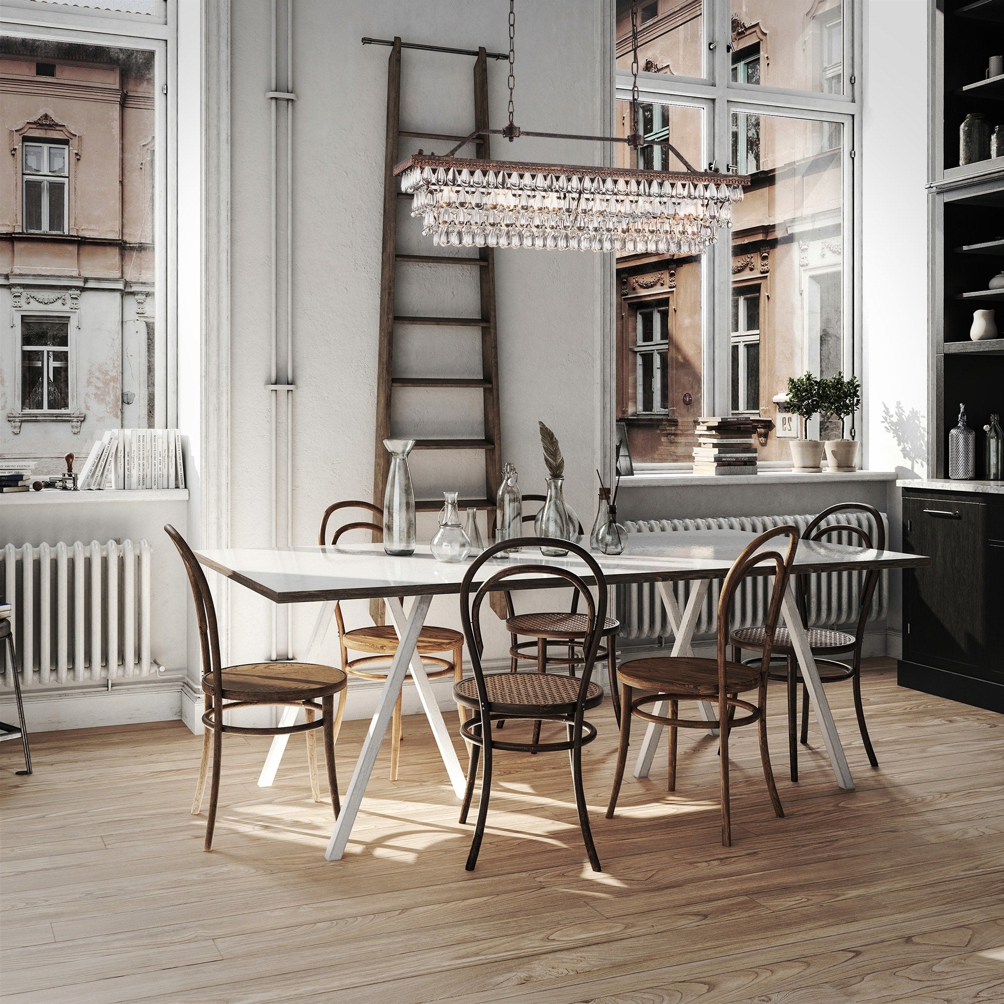 Rechteckige Kücheninselleuchte mit 6 Leuchten und Kristallanhänger in Antikbronze – Antikbronze