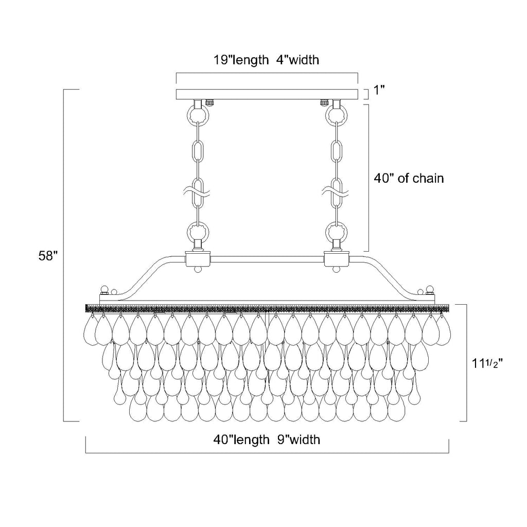 Rechteckige Kücheninselleuchte mit 6 Leuchten und Kristallanhänger in Antikbronze – Antikbronze