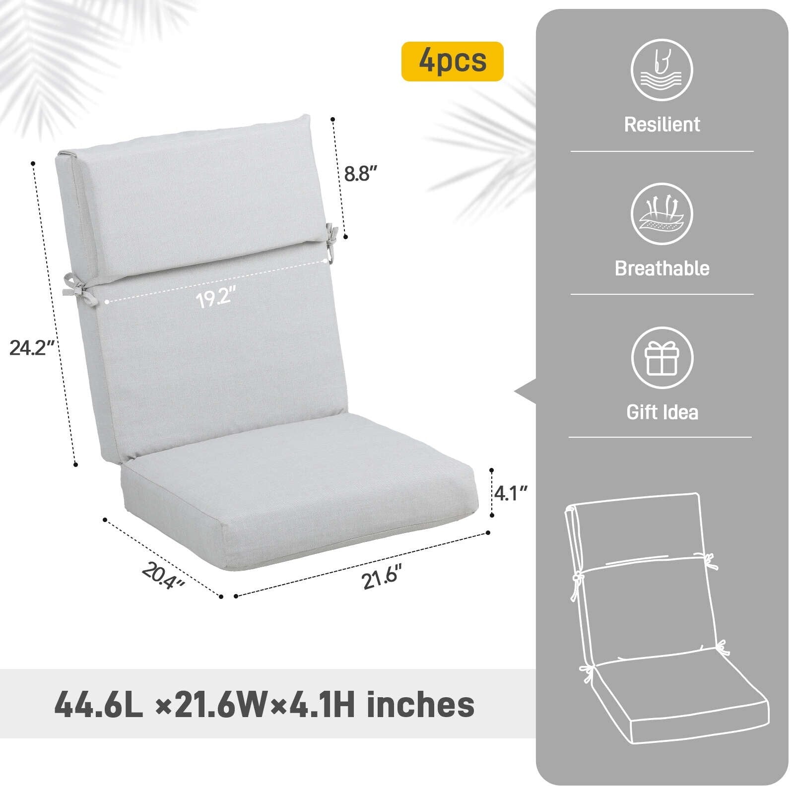 Aoodor Terrassen-Hochlehnen-Stuhlkissen-Set, 4-teilig, 46 x 21 x 4 Zoll (nur Kissen)