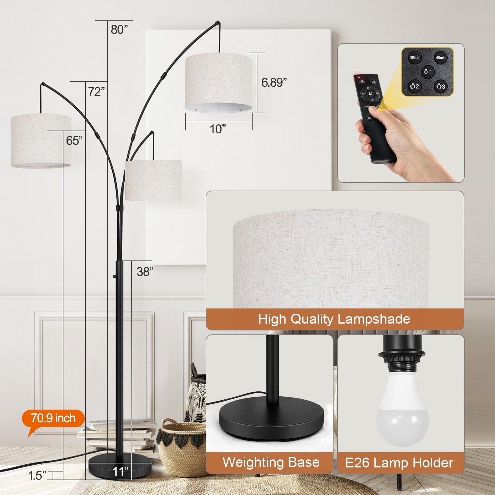 Dimmbare LED-Bogenstehleuchte, modernes schwarzes Modell mit 3 Leuchten