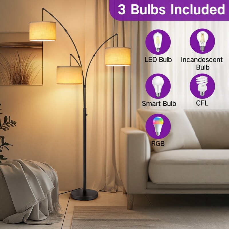 Dimmbare LED-Bogenstehleuchte, modernes schwarzes Modell mit 3 Leuchten