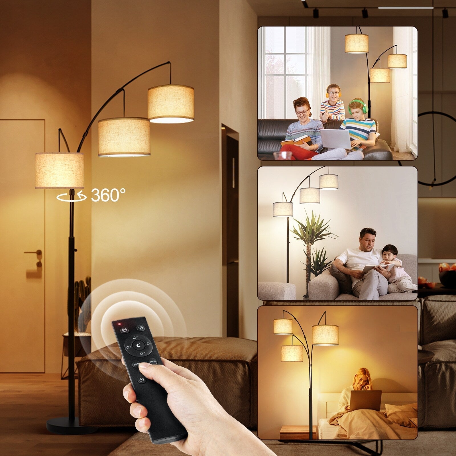 Dimmbare LED-Bogenstehleuchte, modernes schwarzes Modell mit 3 Leuchten