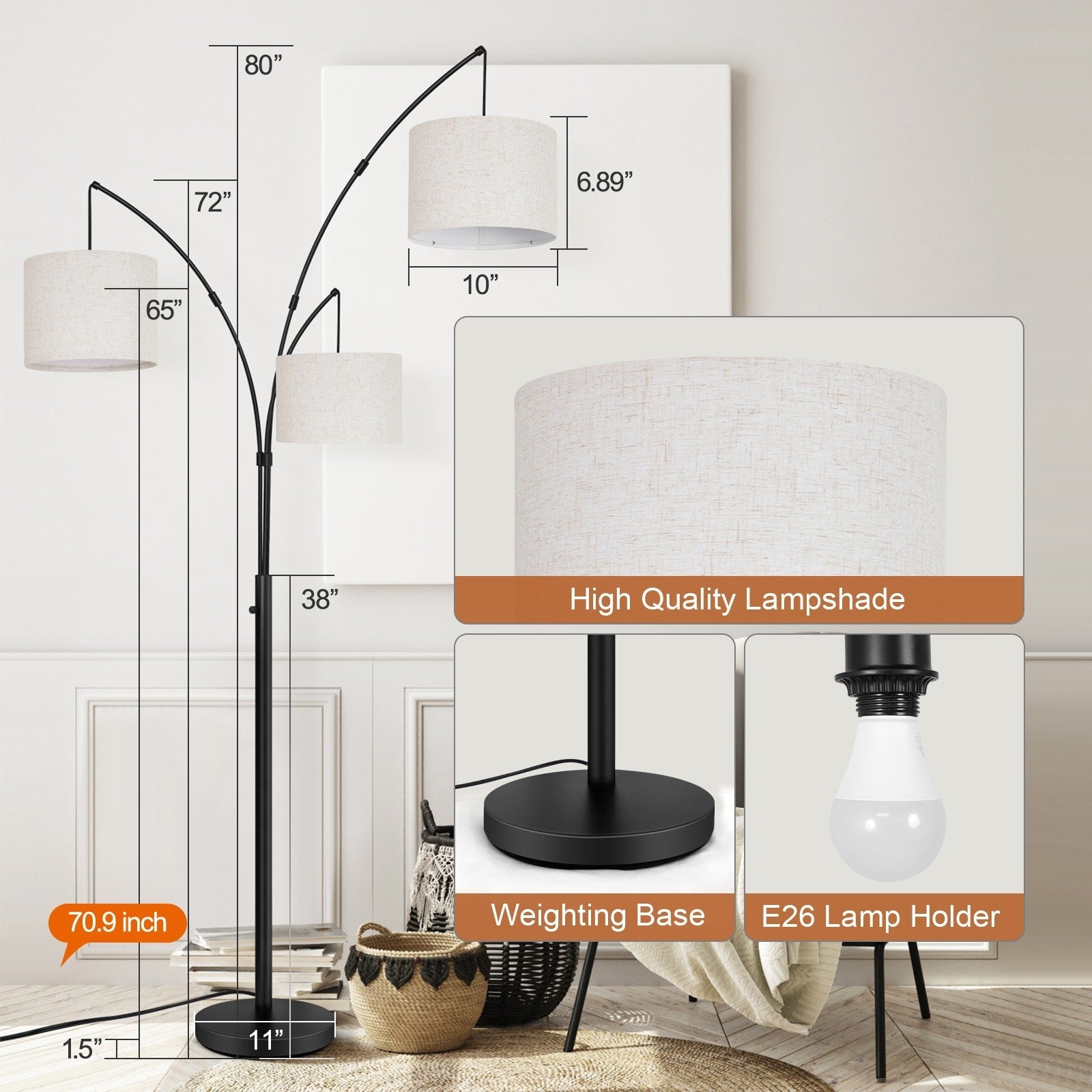 Dimmbare LED-Bogenstehleuchte, modernes schwarzes Modell mit 3 Leuchten