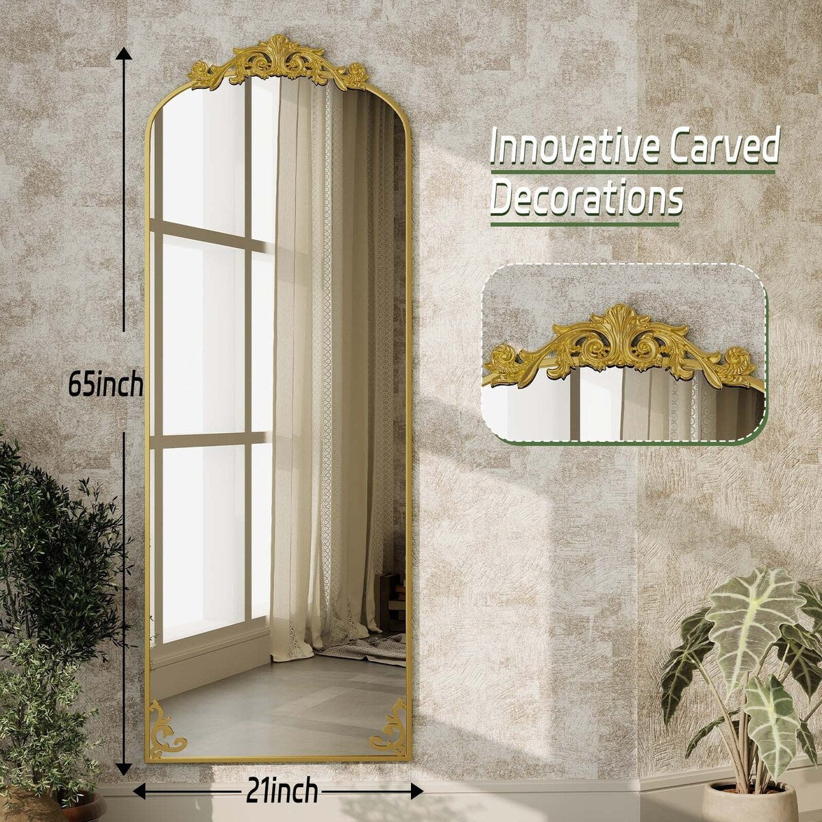 Gewölbter Ganzkörperspiegel mit barockem Blumendekor