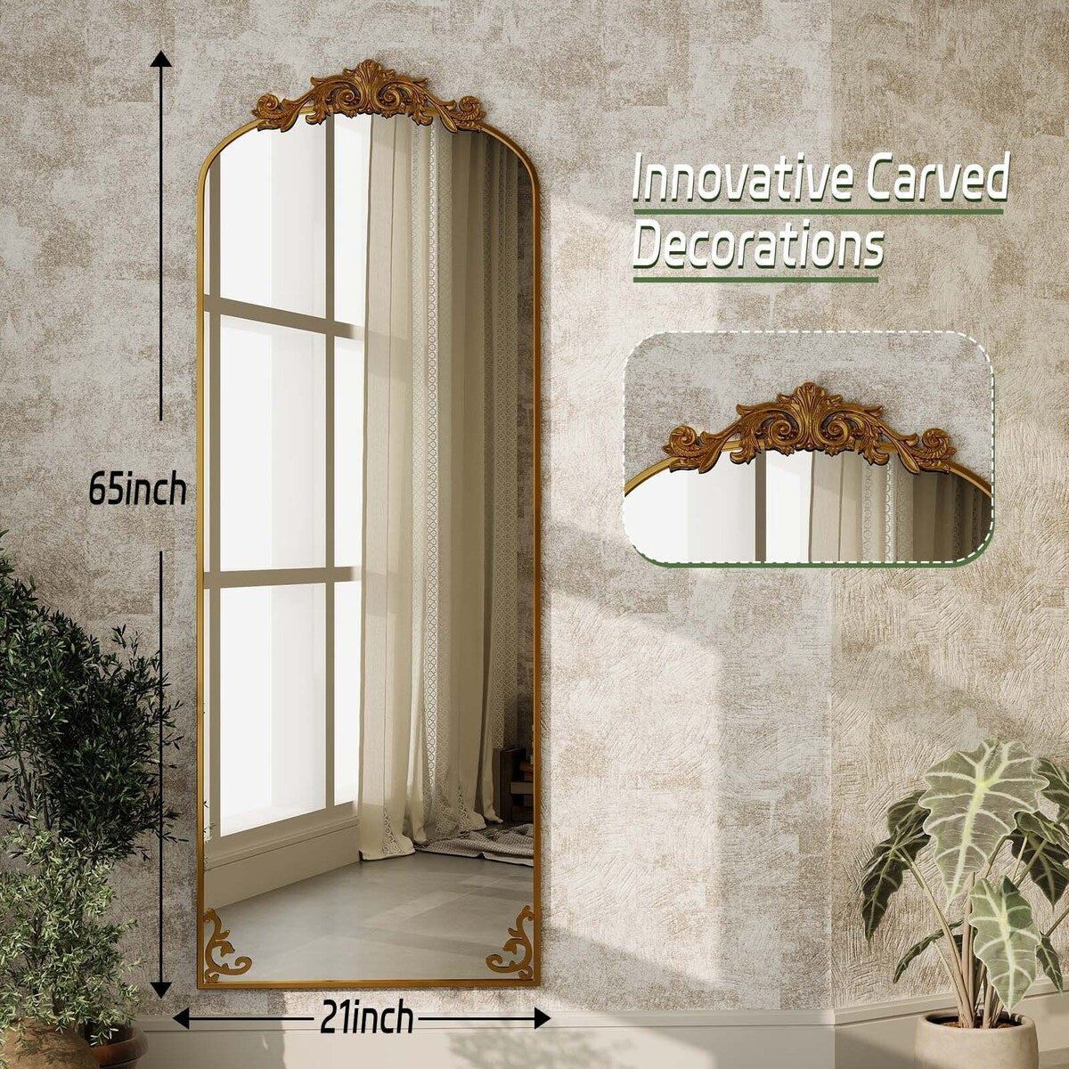 Gewölbter Ganzkörperspiegel mit barockem Blumendekor