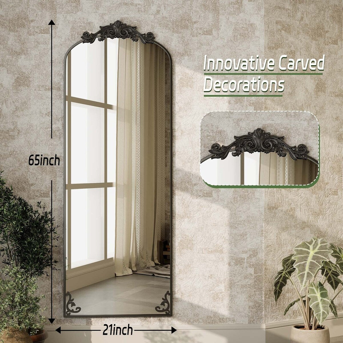 Gewölbter Ganzkörperspiegel mit barockem Blumendekor