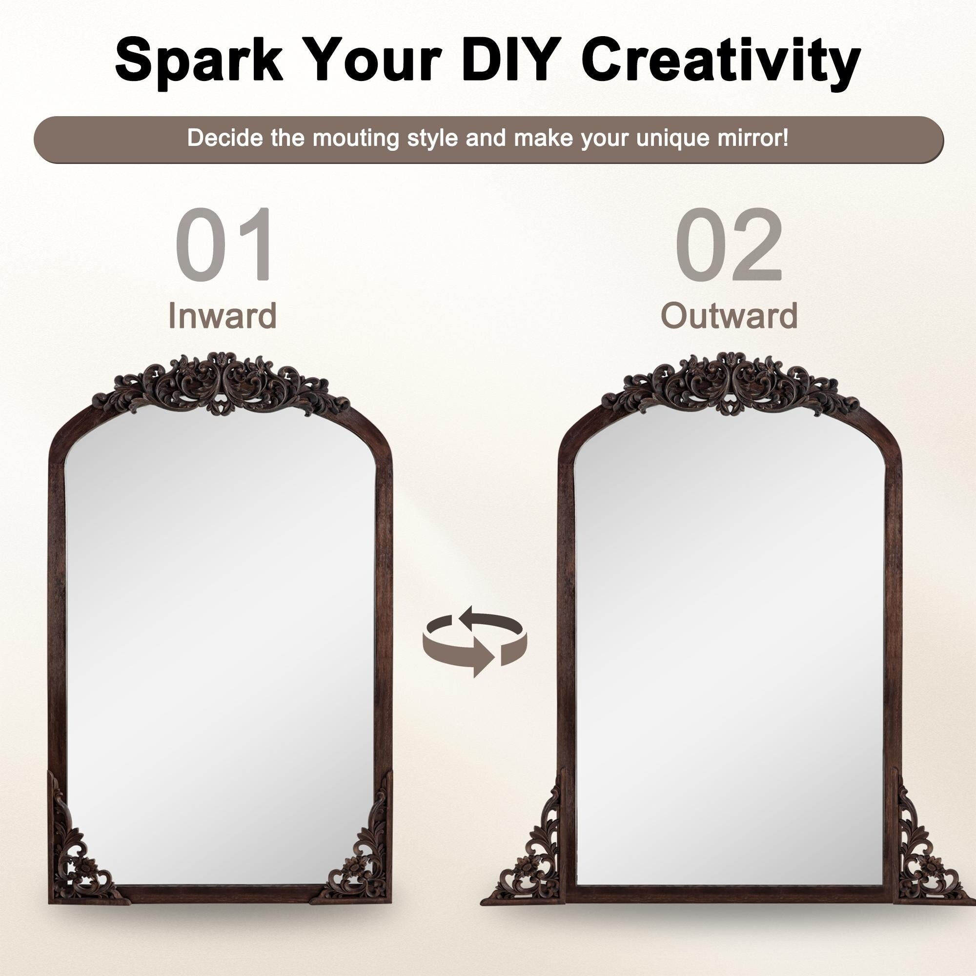 Gewölbter, raumhoher Standspiegel aus Massivholz mit Schnitzereien