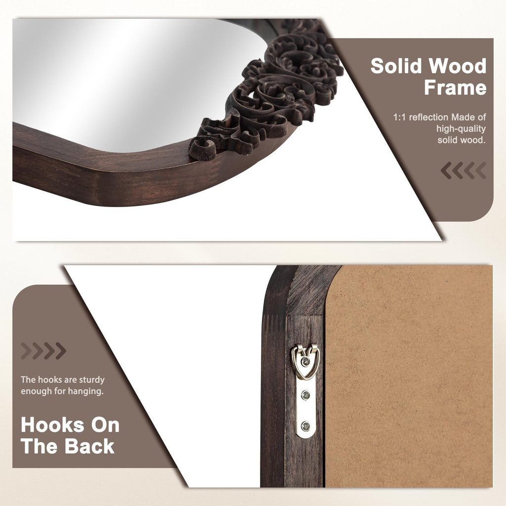 Gewölbter, raumhoher Standspiegel aus Massivholz mit Schnitzereien