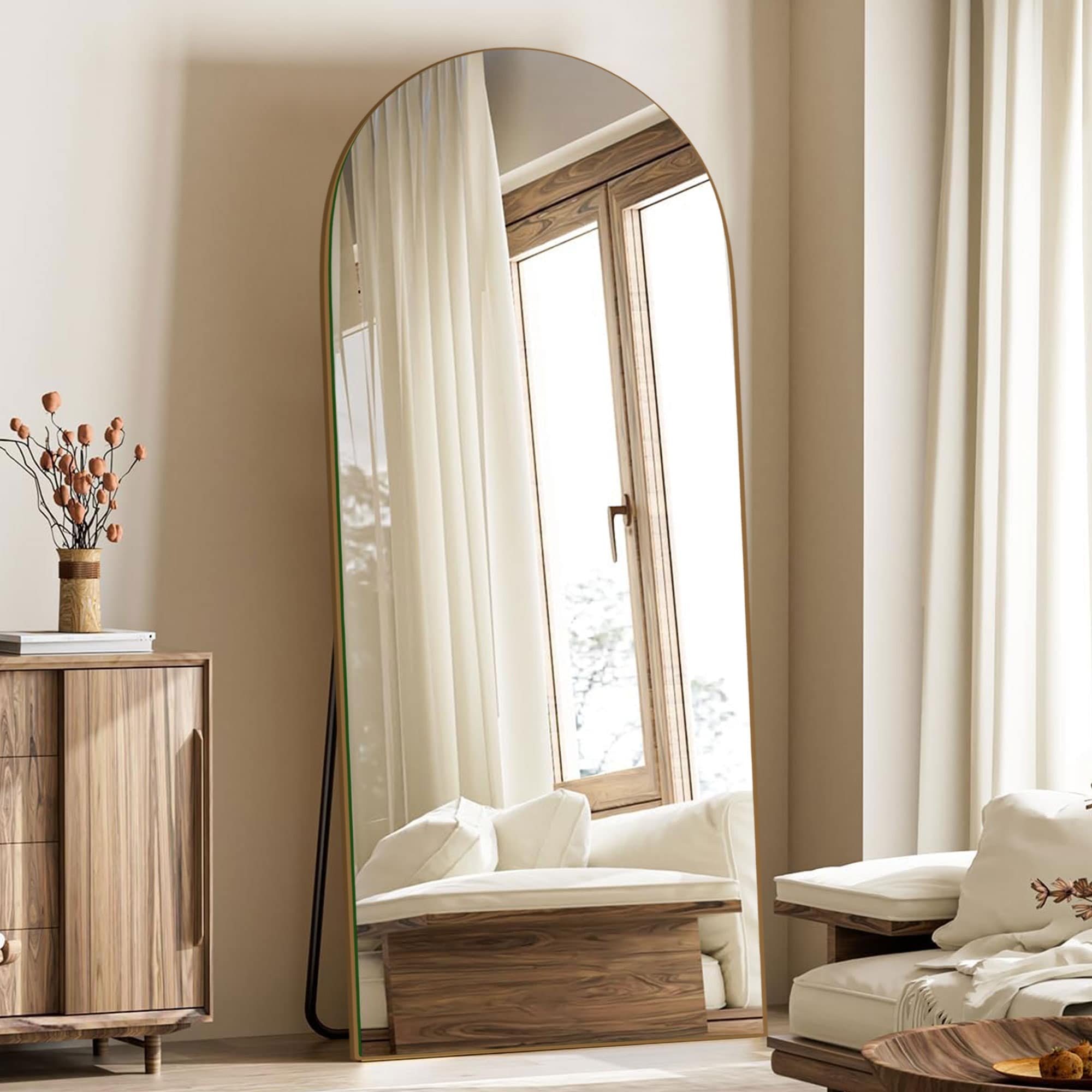 Gebogener, raumhoher Standspiegel aus Holz, Wandspiegel