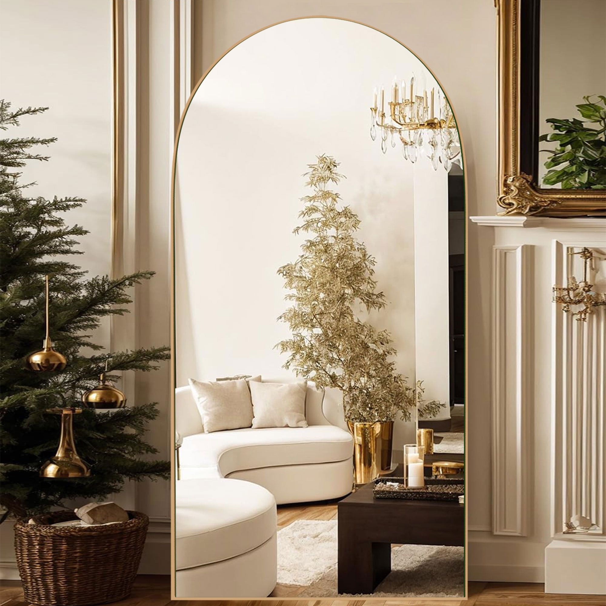 Gebogener, raumhoher Standspiegel aus Holz, Wandspiegel