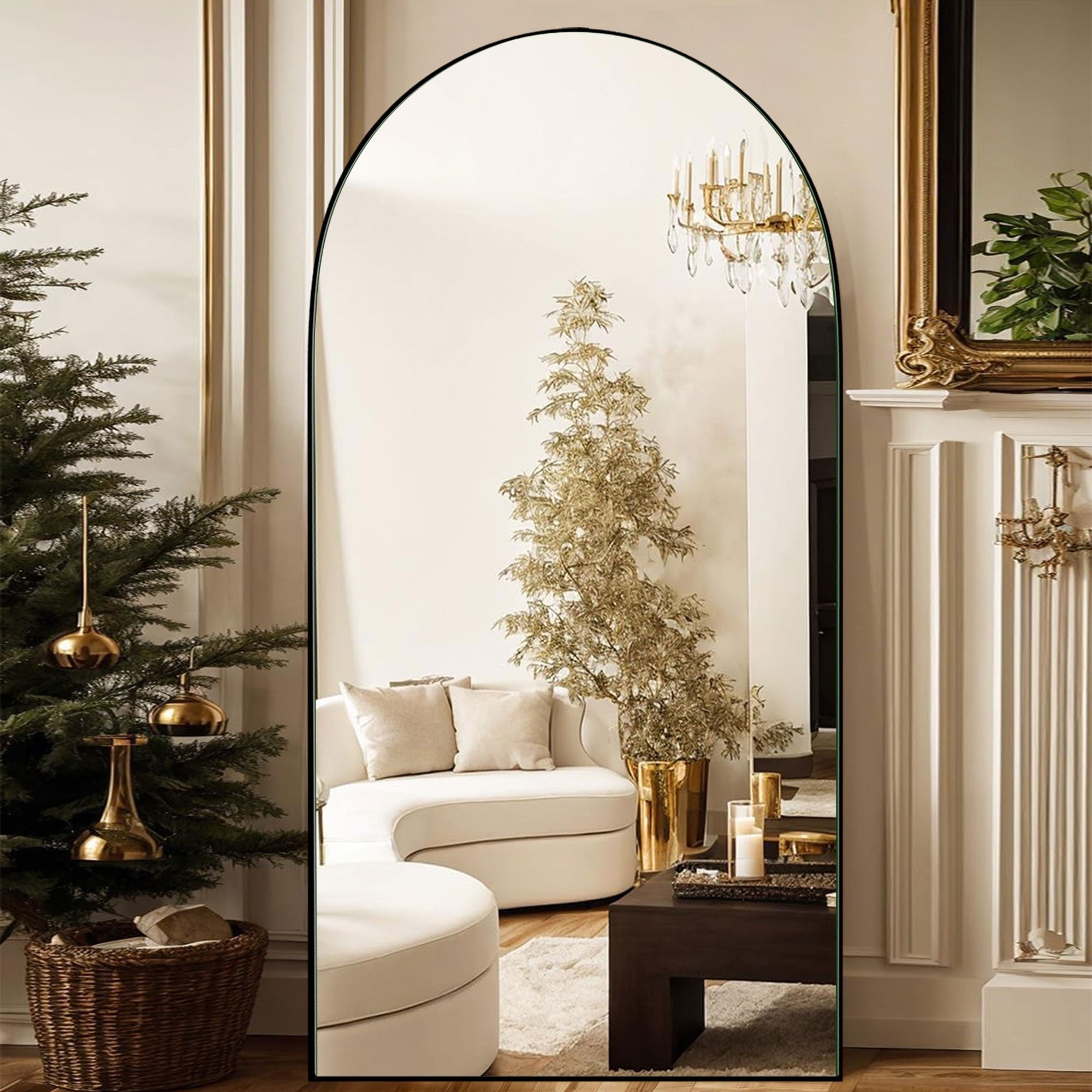 Gebogener, raumhoher Standspiegel aus Holz, Wandspiegel