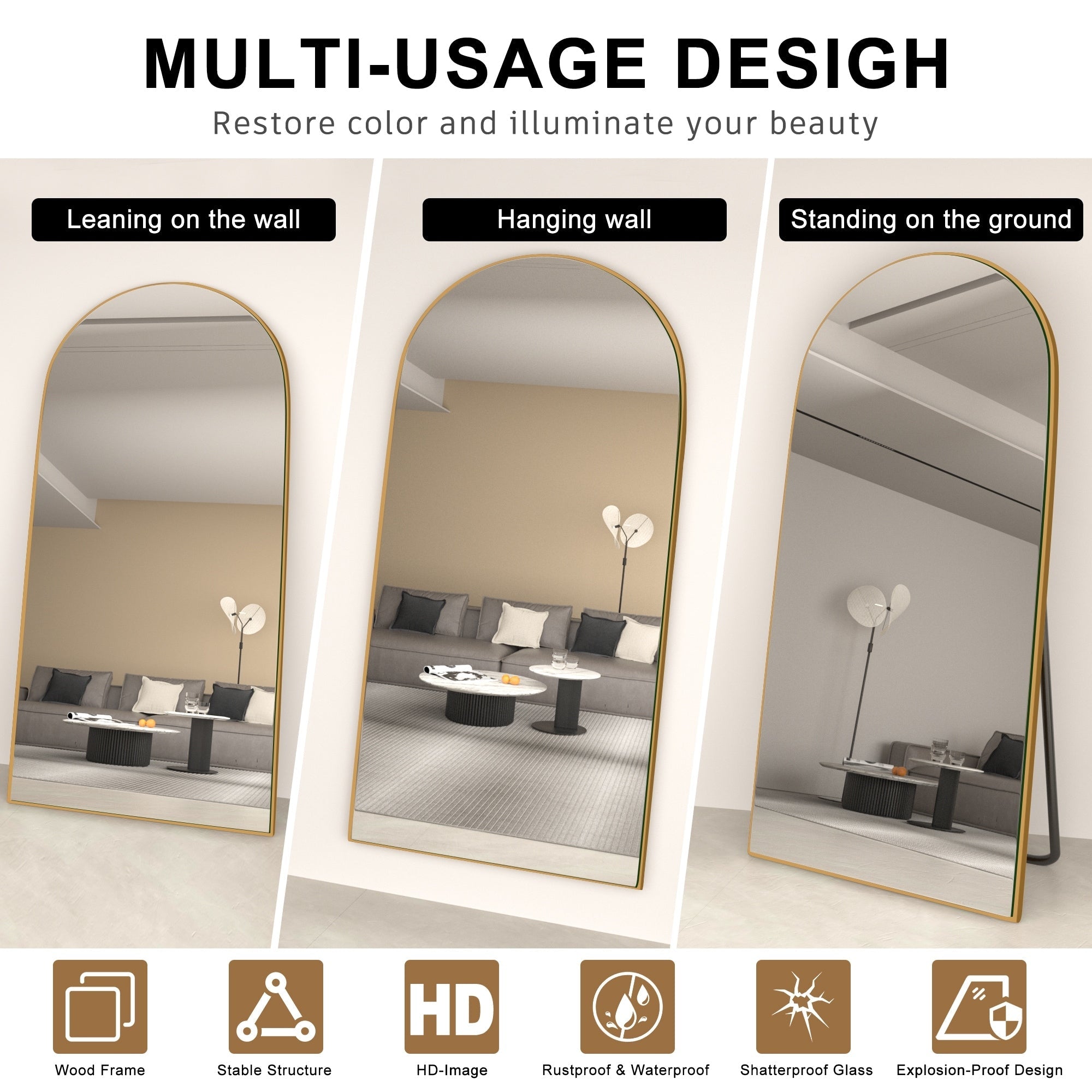 Gebogener, raumhoher Standspiegel aus Holz, Wandspiegel