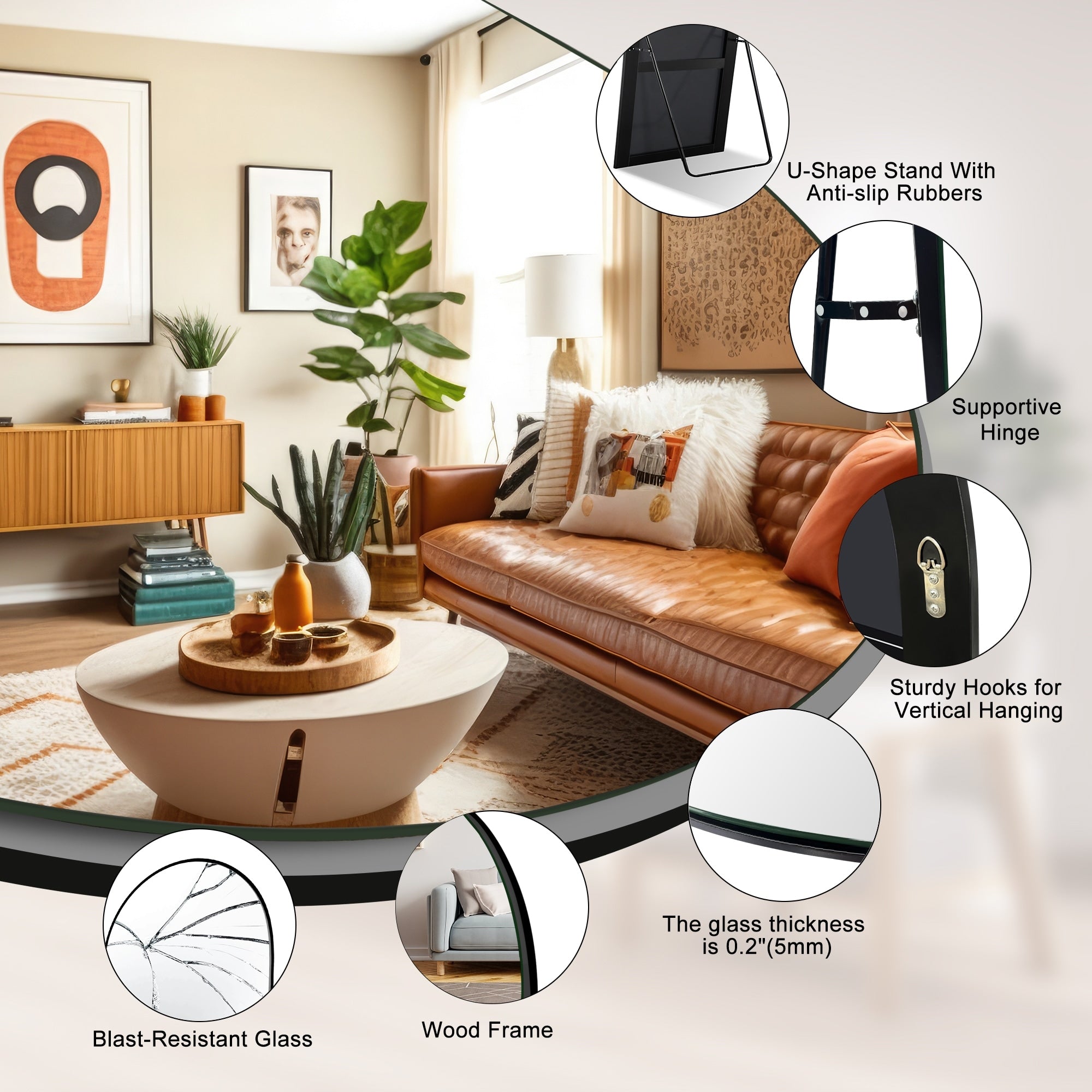 Gebogener, raumhoher Standspiegel aus Holz, Wandspiegel