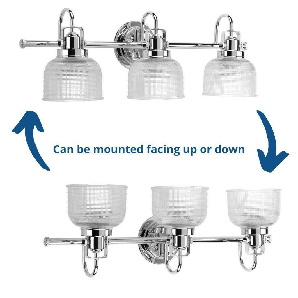 Archie Collection Dreiflammige Badezimmerleuchte im Küstenstil aus poliertem Chrom mit klarem, doppelt prismatischem Glas – 8,75 x 26,25 x 7,25
