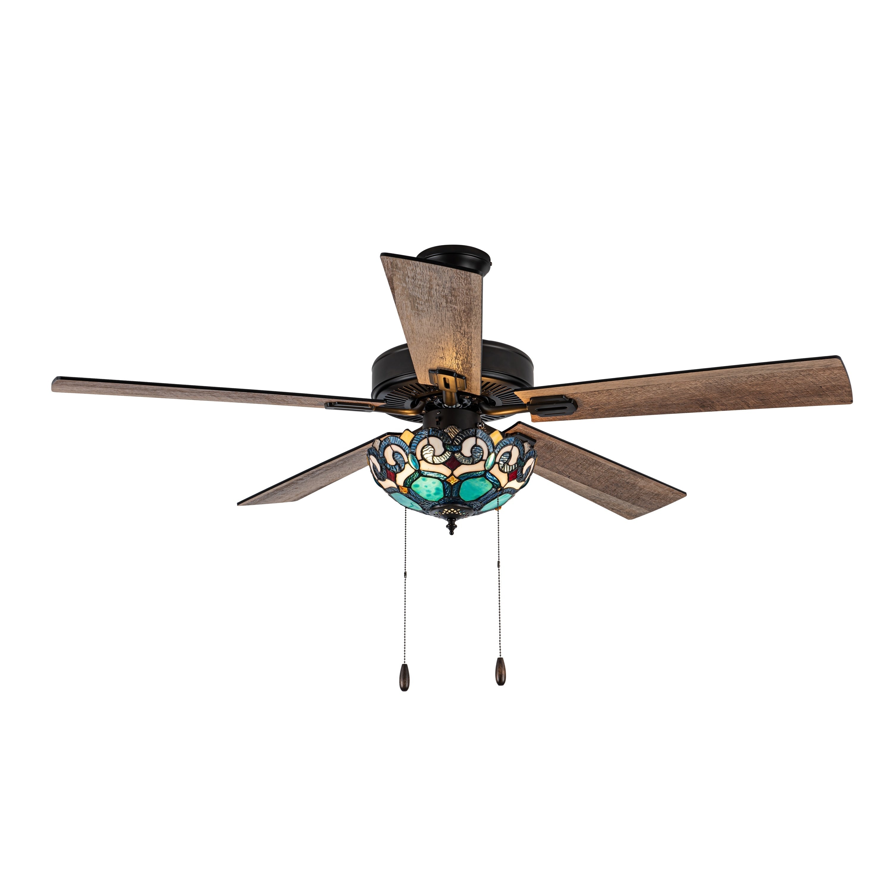 Astrid River of Goods Mehrfarbiger Deckenventilator mit 3 Leuchten, 52 Zoll (132 cm), Oberfläche in geölter Bronze und Buntglas - 52 x 52 x 14,75/19,75
